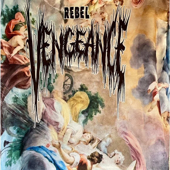 NWT REBEL VENGEANCE Wearable Art ITALIAN Boticelli and LOGO Print Satin SHIRT M - Picture 6 of 16